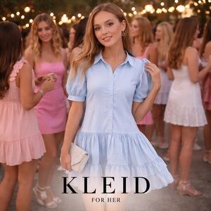 KLEID for Her,Powder-Blue Puff-Sleeve Ruffle Mini Dress,Romantic Cotton,SizeXS/S